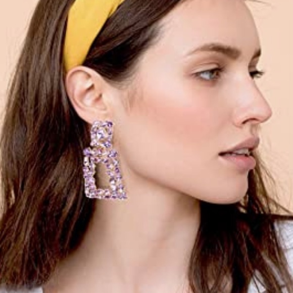 NWT Purple Rectangle Geometric Glass Statement Drop Earrings - Picture 2 of 6